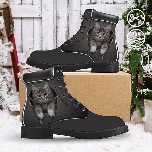 

Women's Boots Print Shoes Combat Boots Animal Print Daily Cat Booties Ankle Boots Winter Flat Heel Round Toe Closed Toe Fashion Casual Faux Leather Lace-up Gray