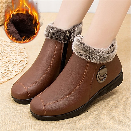 

Women's Boots Snow Boots Soft Shoes Comfort Shoes Daily Solid Color Fleece Lined Booties Ankle Boots Winter Flat Heel Round Toe Plush Comfort Minimalism Faux Leather Faux Fur Zipper Black Red Brown