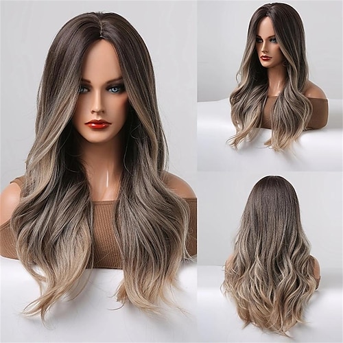 

Longue perruque ondulée brune pour femmes, look naturel ombre perruques bouclées perruque synthétique résistante à la chaleur perruque de cheveux de partie centrale pour la fête quotidienne