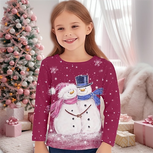 

Christmas Girls' 3D Snowman Tee Shirt Long Sleeve 3D Print Fall Winter Active Fashion Cute Polyester Kids 3-12 Years Crew Neck Outdoor Casual Daily Regular Fit