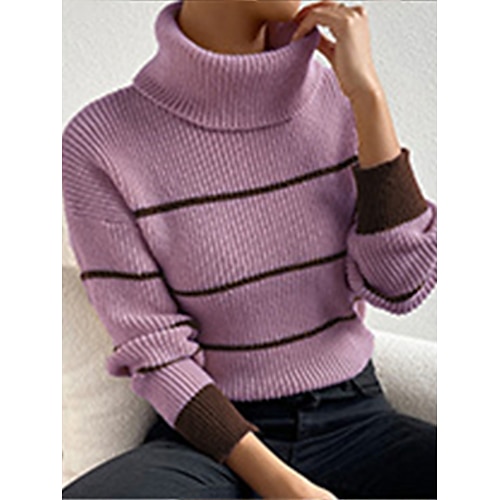 

Mujer Suéter de punto Cuello Alto Estriado Tejer Poliéster Retazos Otoño Invierno Regular Exterior Diario Noche Elegante Casual Suave Manga Larga A Rayas Azul Piscina Morado Verde Trébol XS S M