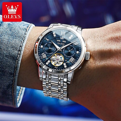 

New Olevs Olevs Multifunctional Fashion Mechanical Watch Luminous Calendar Week Display Moon Phase Business Classic Steel Band Waterproof Men'S Sports Watch