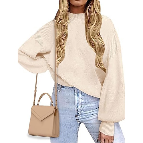 

Mujer Suéter de punto Cuello Barco Estriado Tejer Poliéster De Punto Manga de la linterna Otoño Invierno Regular Exterior Diario Noche Moda Ropa de calle Casual Manga Larga Color sólido Rojo tinto