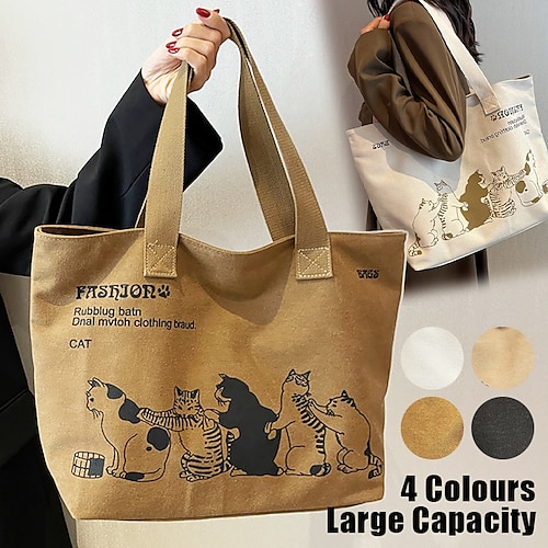 

Mulheres Sacola de Viagem Bolsa de ombro Sacola De Lona Tela de pintura Ao ar livre Compras Diário Ziper Grande Capacidade Leve Durável Gato Personagem off white Preto Marron