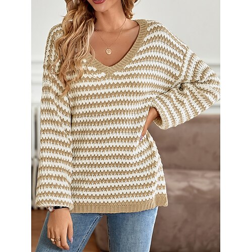 

Women's Pullover Sweater Jumper V Neck Crochet Knit Polyester Knitted Fall Winter Regular Outdoor Daily Holiday Fashion Casual Soft Long Sleeve Striped Black Green Khaki XS S M