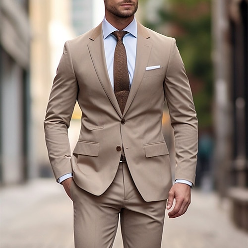 

Khaki Men's Wedding Suits Solid Colored 2 Piece Daily Plus Size Single Breasted Two-buttons 2023