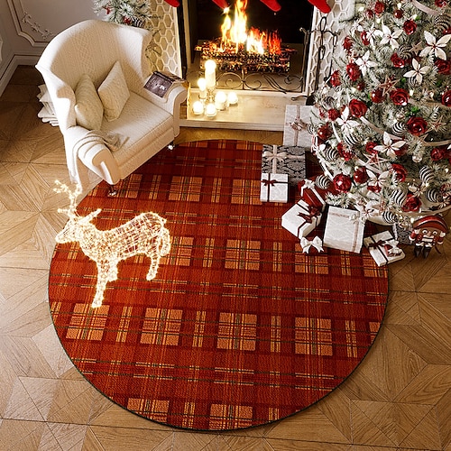 

Tapete redondo de natal lavável sala de estar tapete redondo vermelho, tapete circular antiderrapante macio de inverno para quarto de pilha baixa, tapete circular antiderrapante para decoração de