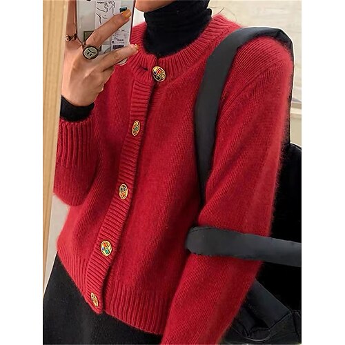 

Mujer Cárdigan Cuello Barco Estriado Tejer Poliéster Botón De Punto Otoño Invierno Regular Exterior Navidad Diario Moda Ropa de calle Casual Manga Larga Color sólido Rojo Azul Marino Beige Tamaño