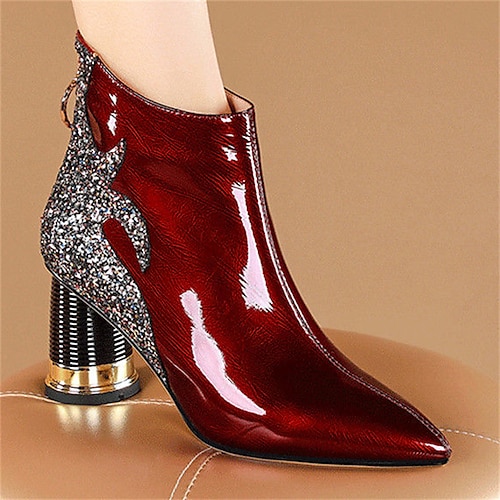 

Women's Boots Bling Bling Shoes Plus Size Sparkling Shoes Party Daily Club Booties Ankle Boots Winter Rhinestone Chunky Heel Pointed Toe Elegant Luxurious Sexy Faux Leather Patent Leather Glitter