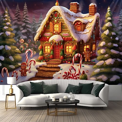 

Casas de doces de natal tapeçaria suspensa arte de parede natal grande tapeçaria mural decoração fotografia pano de fundo cobertor cortina casa quarto decoração de sala de estar