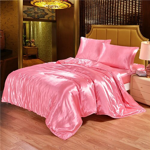 

4pcs Silk Bedding Set Satin Queen King Size Bed Set Comforter Quilt Duvet Cover Linens with Pillowcases and Bed Sheet