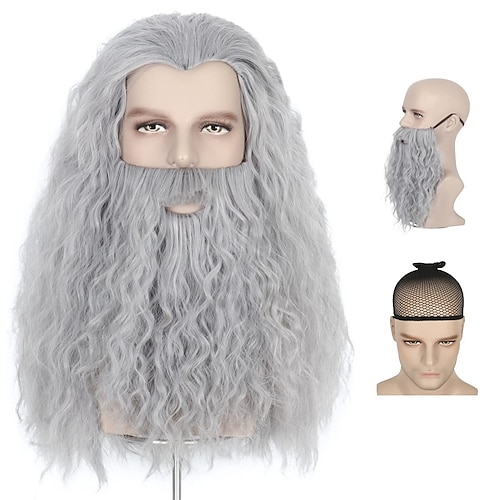 

missuhair magicien barbe et perruque - perruques d'Halloween pour hommes longue perruque grise et accessoire de costume de barbe pour adultes