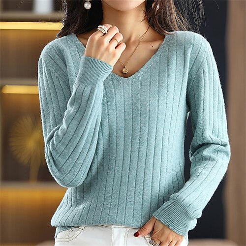 

Mulheres Pulôver suéter Decote V Estriado Tricotar Linha Entrelaçada Tricotado Outono Inverno Padrão Ao ar livre Diário Para Noite Moda Roupa de rua Casual Manga Longa Côr Sólida Preto Branco Verde