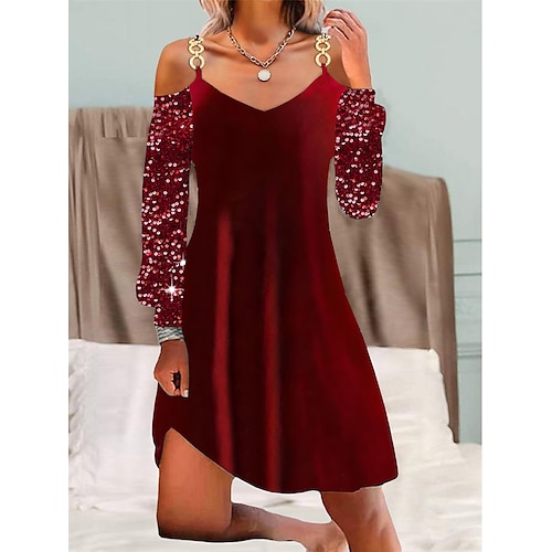 

Women's Velvet Dress Sequin Dress Party Dress Mini Dress Wine Long Sleeve Pure Color Sequins Spring Fall Winter Spaghetti Strap Fashion Winter Dress Christmas Vacation 2023 S M L XL XXL 3XL