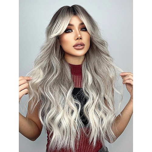 

26 Inch Long Natural Curly Wavy Wig With Bangs, Ombre Platinum Blonde Synthetic Wigs