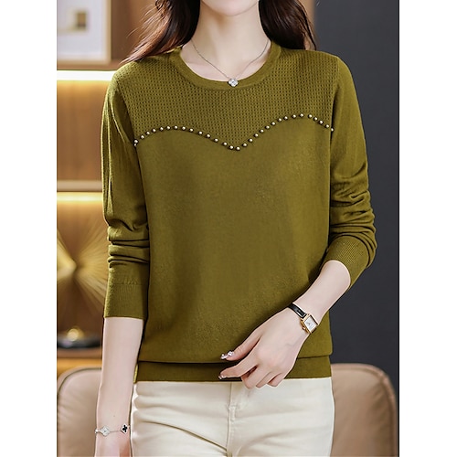 

Women's Pullover Sweater Jumper Crew Neck Ribbed Knit Acrylic Beads Fall Winter Regular Outdoor Daily Going out Stylish Casual Soft Long Sleeve Solid Color Black White Camel M L XL