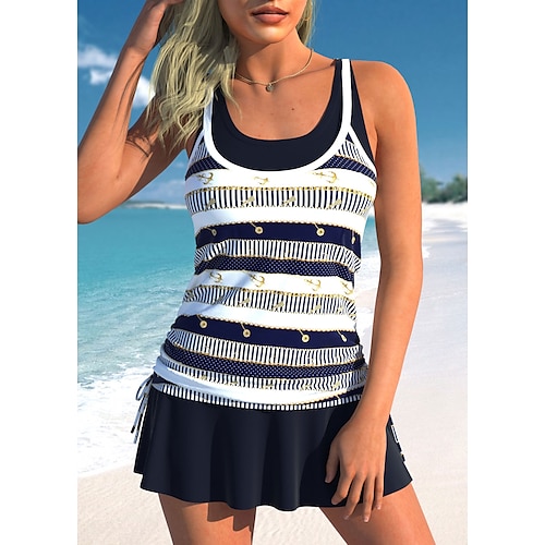

Mulheres Roupa de Banho Tankini 2 partes Normal roupa de banho 2 Peças Estampado Listrado Azul Marinha Malha Íntima Fatos de banho Sensual Roupa de Praia Verão