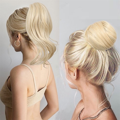 

Messy Hair Bun Top Knot Clip in Bun Fake Hair Bun Ponytail Extension 12 Inch Synthetic Chignon Updo Hairpiece for Women Medium Blonde