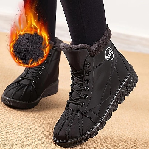 

Women's Boots Snow Boots Waterproof Boots Plus Size Daily Solid Color Fleece Lined Booties Ankle Boots Winter Wedge Heel Round Toe Sporty Plush Casual Walking Elastic Fabric Lace-up Black Blue