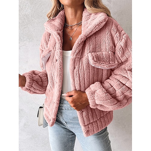 

Women's Fleece Jacket Sherpa Jacket Teddy Coat Outdoor Street Daily Wear Fall Winter Regular Coat Regular Fit Windproof Warm Comtemporary Stylish Plush Jacket Long Sleeve Solid Color with Pockets