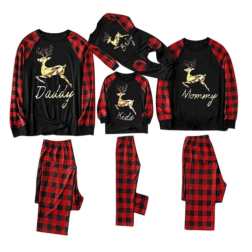 

Famille Noël Pyjamas Animal Ecole Imprimer Noir Rouge Foncé Jaune manche longue Tenues maman et moi Actif Tenues assorties