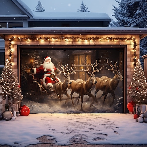 

Christmas Outdoor Garage Door Cover Santa Xmas Door Banner Santa Claus Snowman Large Door Mural Christmas Backdrop Decoration for Holiday Home Wall Decorations