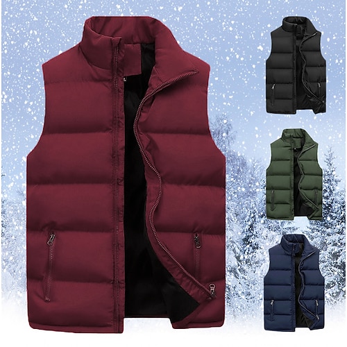 

Men's Puffer Vest Gilet Hiking Winter Polyester Windproof Warm Solid Color Stand Collar Black Red Navy Blue Vest