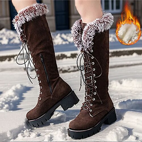 

Women's Boots Snow Boots Winter Boots Party Outdoor Daily Solid Color Fleece Lined Knee High Boots Winter Block Heel Round Toe Vintage Fashion Plush Suede Lace-up Black Brown Coffee