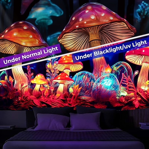  cogumelo fantasia luz negra tapeçaria brilha no escuro festa brilhante uv reativo psicodélico paisagem natural tapeçaria pendurada arte de parede mural para sala de estar quarto