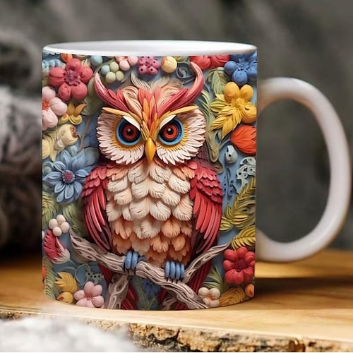 

3D-Tasse mit Eule und Blumen, Eulen-Blumentasse, Tierbecher-Design, Eulen-Blumentasse png, 3D-Tasse, 11-Unzen-Tasse mit Sublimationsdruck, 3D-Bücherregal-Tasse