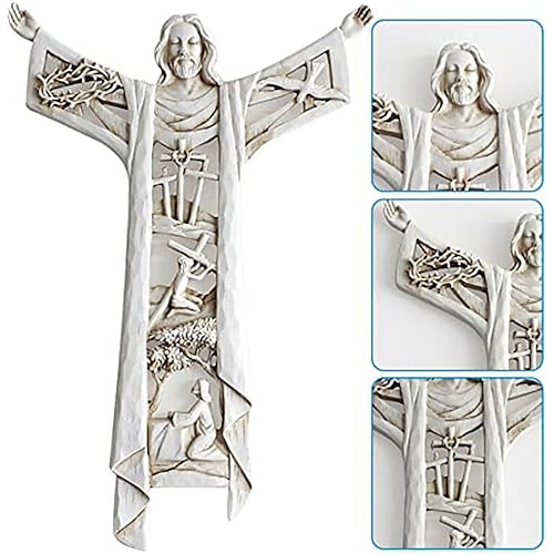 

Estátua de cruz de parede de cristo ressuscitado-estatuetas de cruz de jesus, figura de jesus de resina religiosa pendurada ornamento de parede design oco para casa