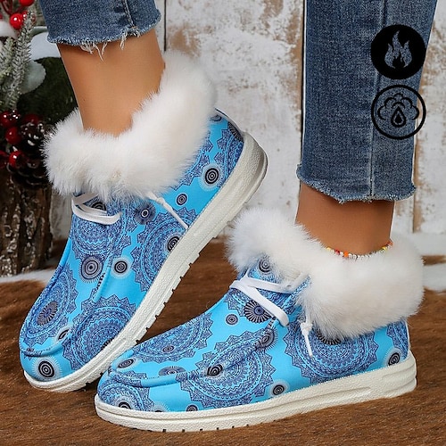 

Women's Boots Print Shoes Snow Boots Plus Size Outdoor Daily Fleece Lined Booties Ankle Boots Winter Flat Heel Round Toe Plush Casual Comfort Faux Fur Faux Suede Loafer Floral Light Blue