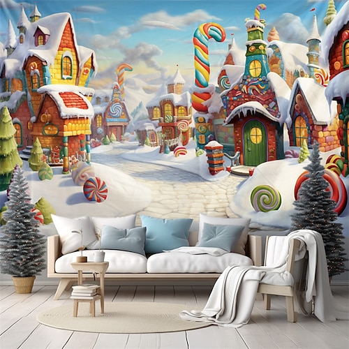 

Weihnachten Süßigkeiten Häuser Stadt hängende Wandteppich Wandkunst Weihnachten große Wandteppich Wanddekor Foto Hintergrund Decke Vorhang Zuhause Schlafzimmer Wohnzimmer Dekoration