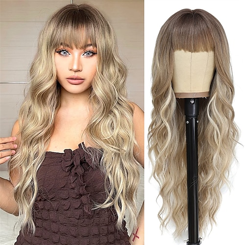 

Longues perruques blondes sales avec frange pour femme, cheveux bouclés et ondulés, perruques en fibres synthétiques résistantes à la chaleur pour une utilisation quotidienne en fête, 66 cm (blond