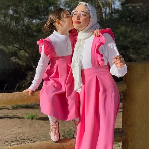 

Mommy and Me Dresses Solid Color Street Ruffle Pink Long Sleeve Mommy And Me Outfits Active Matching Outfits