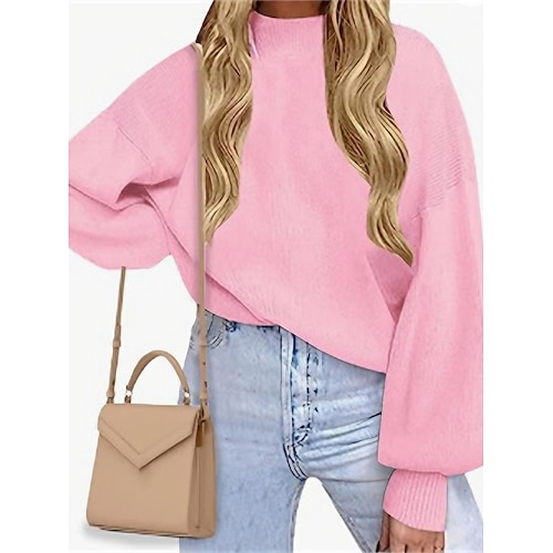 

Women's Pullover Sweater Jumper Crew Neck Ribbed Knit Polyester Knitted Lantern Sleeve Fall Winter Regular Outdoor Daily Going out Fashion Streetwear Casual Long Sleeve Solid Color Wine Red Black