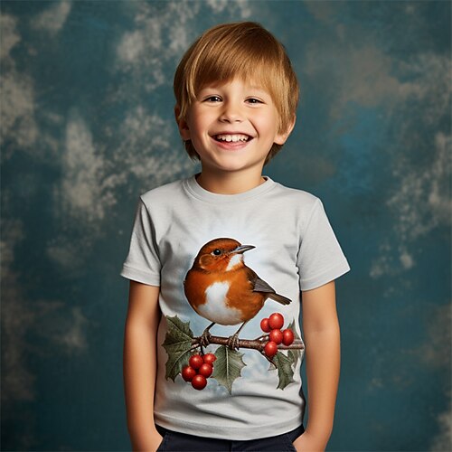 

noël garçons 3d oiseau tee jupe manches courtes impression 3d automne sports actifs mode polyester enfants 3-12 ans extérieur décontracté quotidien coupe régulière