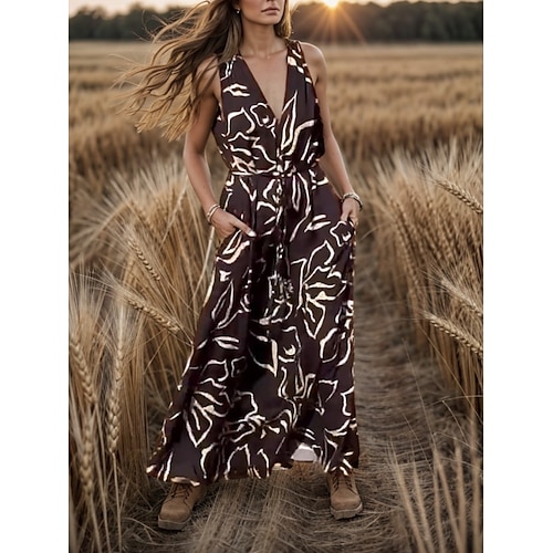 Femme Robe longue maxi Robe satinée Mature Sortie Standard Bloc de couleur Sans Manches Col V Noir Eté