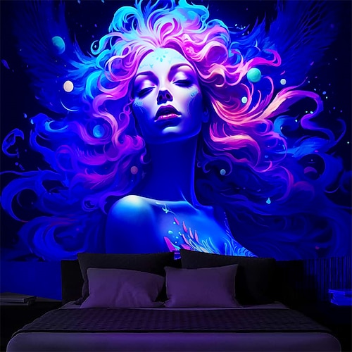 

Tapisserie à lumière noire, lueur réactive aux UV dans la liberté, femme, paysage naturel, tapisserie suspendue, art mural pour salon, chambre à coucher