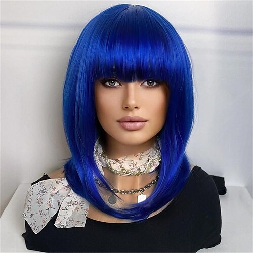 

Perruque bob bleue avec frange, perruque synthétique courte et lisse pour femmes, cosplay, fête quotidienne