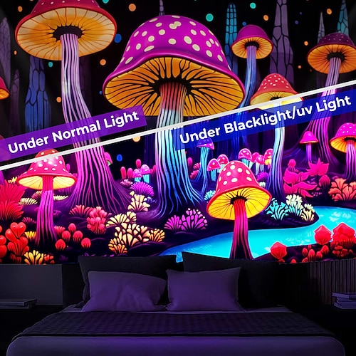  cogumelo fantasia luz negra tapeçaria brilha no escuro festa brilhante uv reativo psicodélico paisagem natural tapeçaria pendurada arte de parede mural para sala de estar quarto