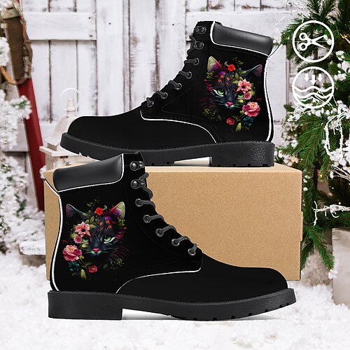 

Mulheres Botas Imprimir sapatos Coturnos Sapatos de impressão Diário Floral Gato Botas Botas Tornozelo Inverno Sem Salto Ponta Redonda Dedo Fechado Moda Casual Couro Sintético Com Cadarço Preto