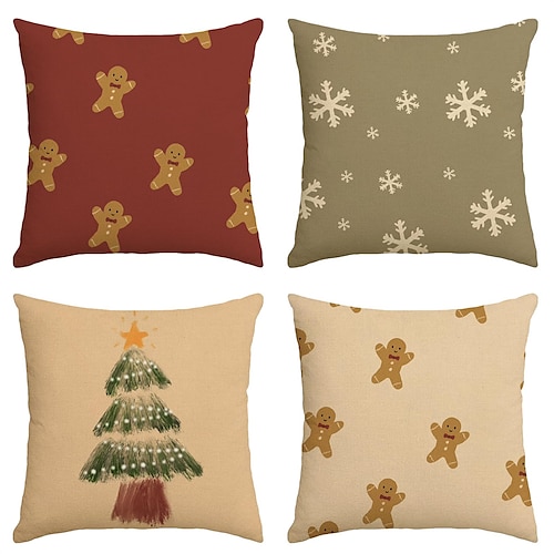 

Christmas Gingerbread Man Double Side 4PC Decorative Toss Pillows Xmas Throw Pillow Covers Soft Pillowcase for Bedroom Livingroom Sofa Couch Chair Bench