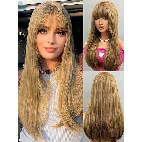 

Mixed Blonde Synthetic 24 Wig with Bangs Medium Straight Layered Natural Hair Women's Daily Cosplay Heat Resistant