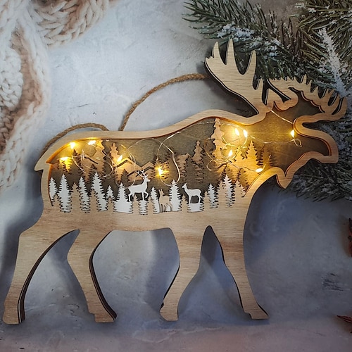 

1 Stück Wanddekoration aus Holz, Weihnachts-Rentier-Wanddekoration zum Aufhängen für Zuhause, Café, Bar, Geschäft, Dekoration ohne Licht