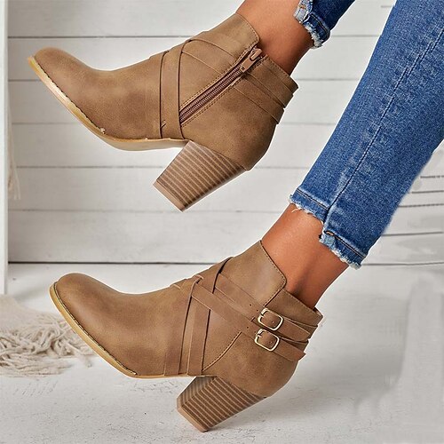 

Mulheres Saltos Botas Tamanhos Grandes Botas de salto Ao ar livre Diário Botas Botas Tornozelo Inverno Salto Robusto Ponta Redonda Elegante Vintage Sensual Couro Ecológico zíper Côr Sólida Cobra