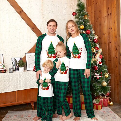 

Family Christmas Pajamas Cartoon Plaid Letter Home Print Black White Long Sleeve Mommy And Me Outfits Active Matching Outfits