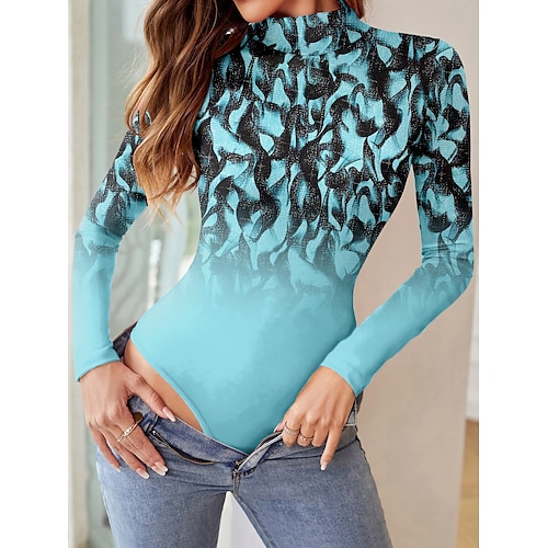 

Women's Bodysuit Print Floral Stand Collar Ordinary Daily Weekend Bodycon Long Sleeve Pink Green Light Blue S M L All Seasons