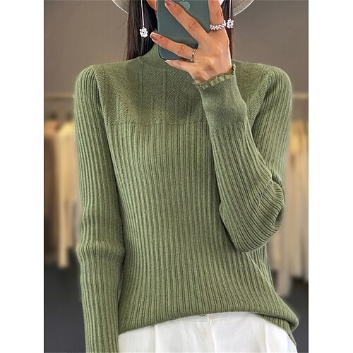 

Damen Pullover Ständer Gerippt Stricken Wolle überdimensional Herbst Winter Standard Outdoor Täglich Ausgehen Stilvoll Brautkleider schlicht Weich Langarm Feste Farbe Schwarz Weiß Gelb S M L