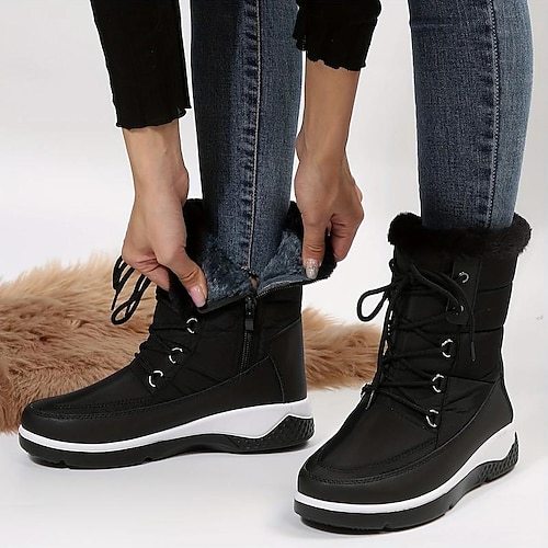 

Women's Boots Snow Boots Daily Solid Color Fleece Lined Mid Calf Boots Winter Platform Round Toe Plush Casual Comfort Walking Elastic Fabric Lace-up Black Burgundy Gray